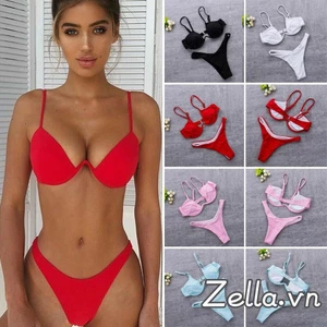 Bộ Bikini nữ push-up đệm màu trơn eo thấp đồ bơi cho mùa hè