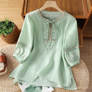 Nữ Mùa Hè Vải Lanh Cotton Thêu Retro Áo Sơ Mi 3/4 Tay Rời Plus Size Mỏng