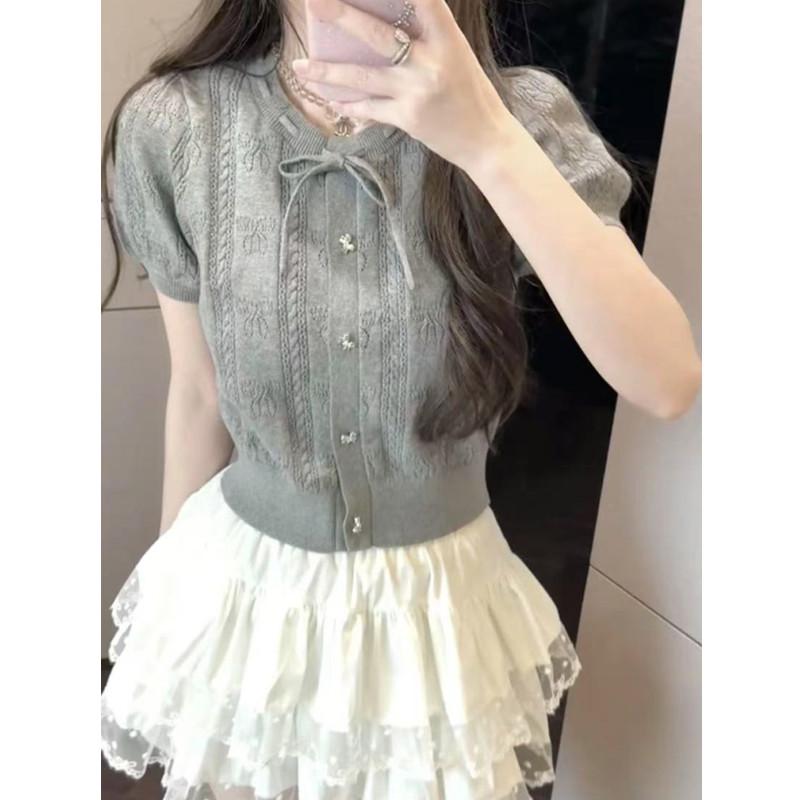 Kii Wii Áo thun ngắn tay lụa băng rỗng đa năng mùa hè dành cho nữ 250620