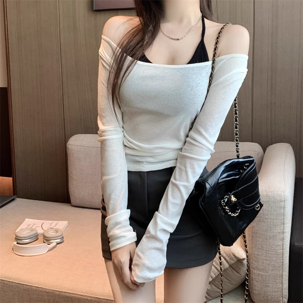 Áo Thun Giấy Nữ BABEE Tay Dài Cổ Thuyền Chiết Eo Kèm Áo Trong Phong Cách Gợi Cảm Quyến Rũ