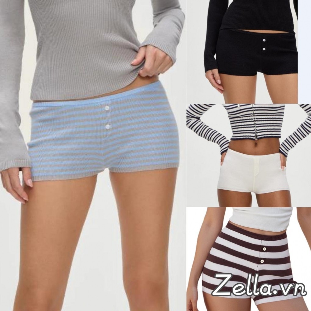 Quần Short Đan Nữ Mùa Hè Eo Thấp Màu Trơn / Sọc In Quần Short Booty