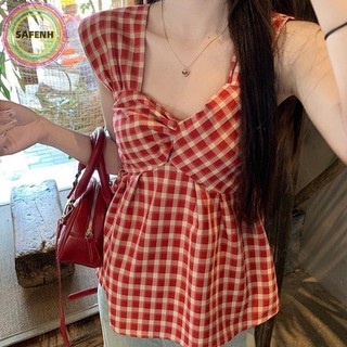 SAFENH Mùa Hè Nữ Retro Kẻ Sọc Hoa Cổ Vuông Không Tay Dễ Thương Thường Ngày Tank Top VN