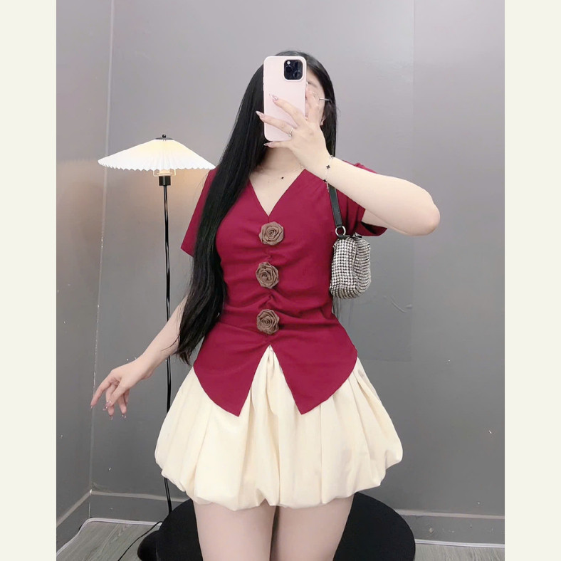 Set Áo Kiểu Bigsize Nữ Tôn Dáng Tạo Sự Thoải Mái Hoa Đính Kèm Xinh Xắn Chân Váy Bí Xòe - A275+CV413