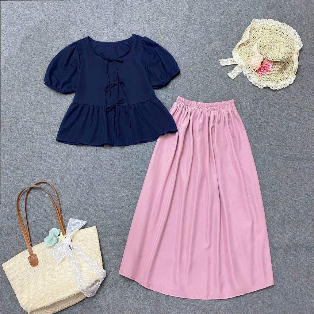 Set Đồ Bigsize Nữ 2 Món Dễ Thương – Áo Sơ Mi Babydoll Tay Bồng Mix Chân Váy Dài  Che Bụng A191-CV15