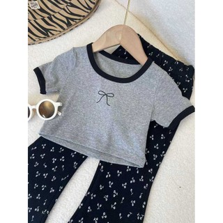 (1-8 tuổi) Bộ đồ phong cách công chúa ngọt ngào cho bé gái Nơ Áo thun ngắn tay loe quần ống rộng trang phục bé gái