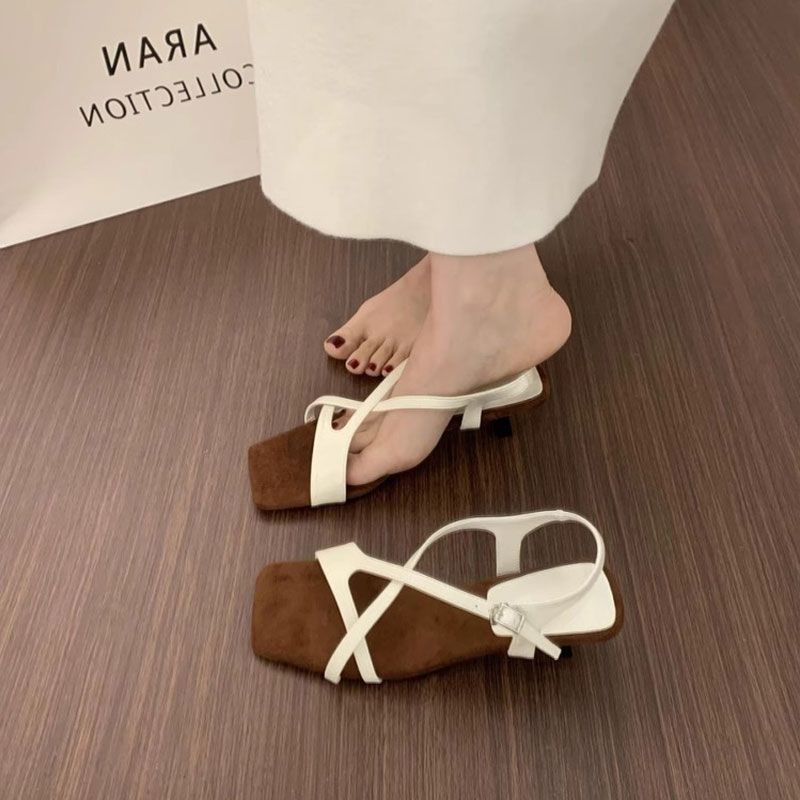 Xăng đan Mũi Vuông Cổ Điển Cho Nữ Phong Cách La Mã Giày Cao Gót Thấp 3cm