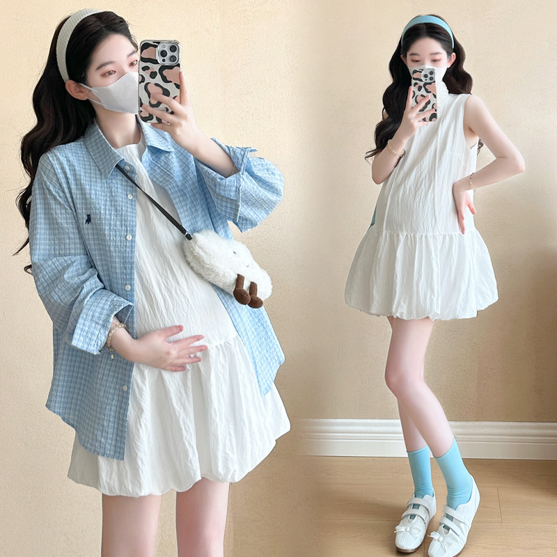 Bộ đồ bà bầu Váy Vest dáng rộng thời trang mùa hè + Áo sơ mi thêu kẻ sọc