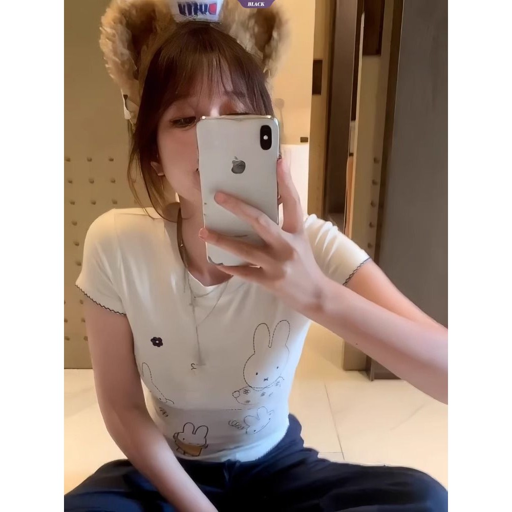 Thiết kế vui nhộn Phim hoạt hình Áo thun ngắn tay vai tích cực dành cho nữ mùa hè Spice Girls Trăm áo cổ tròn [BL]