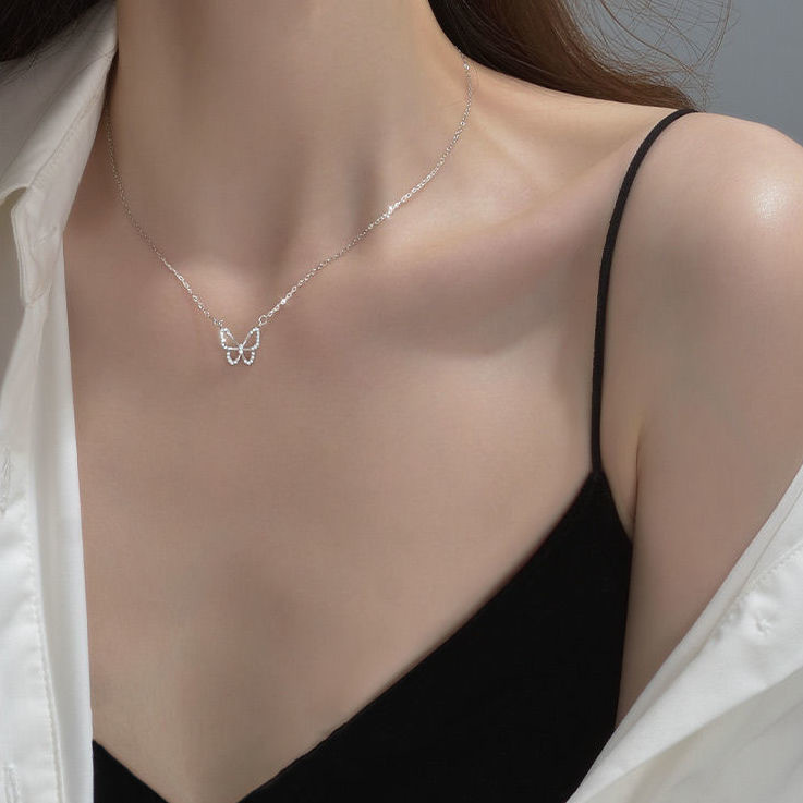 Dây chuyền kim cương khảm bướm rỗng cho phụ nữ, phong cách thời thượng Ins, sang trọng như người nổi tiếng trên internet, dây chuyền cổ thanh lịch, thiết kế độc đáo, choker phong cách rừng đơn giản