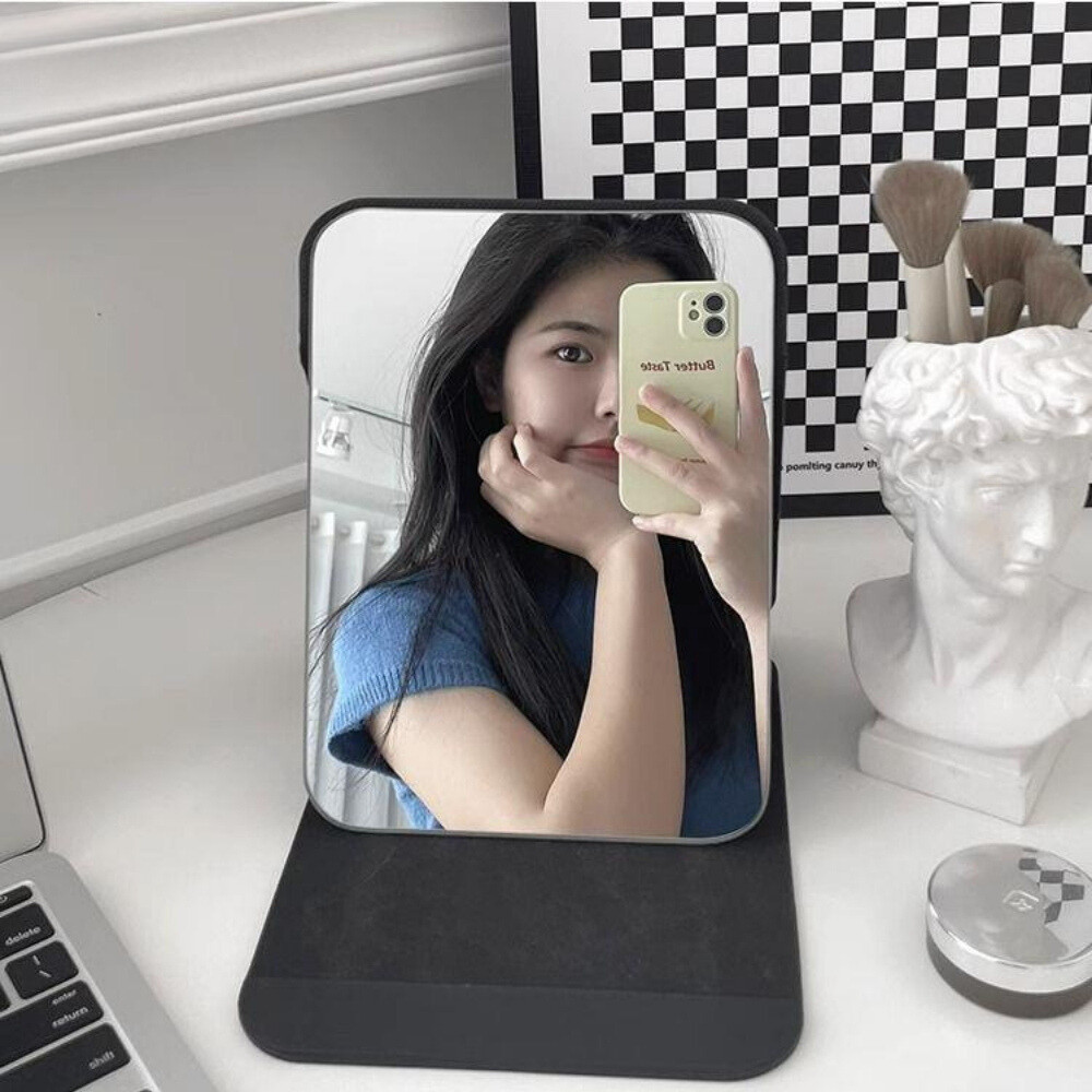 Gương để bàn bằng da PU có thể gấp gọn, gương da đen gấp để bàn văn phòng, học sinh mang du lịch