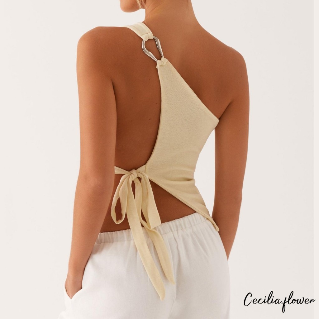 Phụ Nữ Một Vai Tắt Vai Gợi Cảm Mùa Hè Tank Top Màu Trơn Phong Cách Bên Dây Buộc Thường Ngày Tee