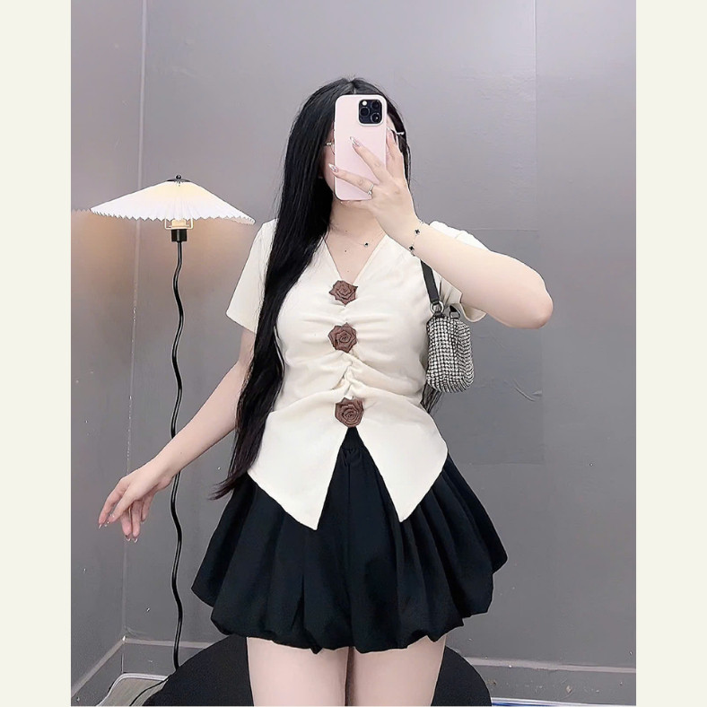 Set Áo Kiểu Bigsize Nữ Tôn Dáng Tạo Sự Thoải Mái Hoa Đính Kèm Xinh Xắn Chân Váy Bí Xòe - A275+CV413