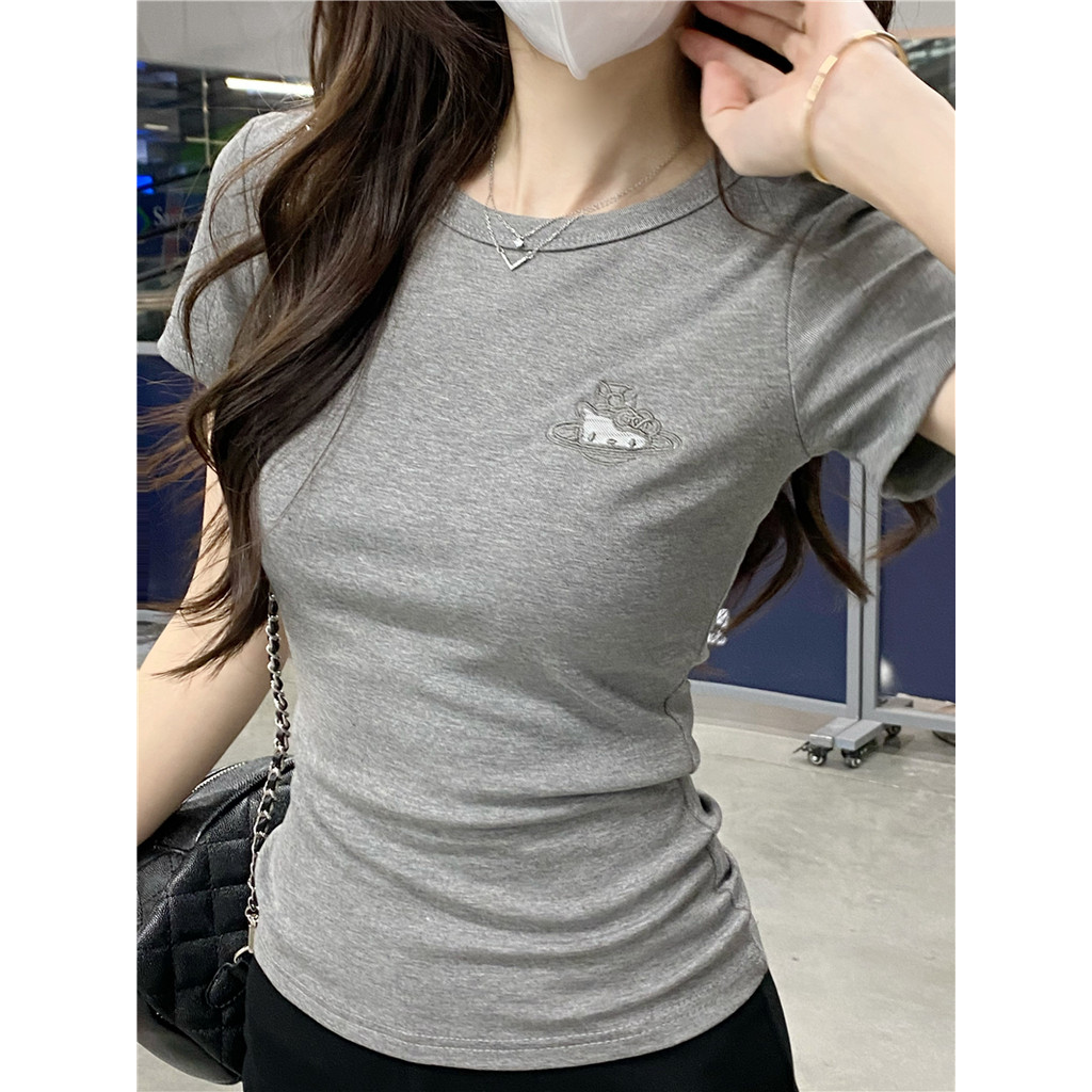 Kt Thiết Kế Thêu Cảm Giác Chính Hãng Vai Ngắn Tay Áo Thun Nữ Hot Girl