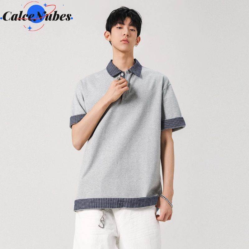 Áo Polo Nam Mùa Hè Hợp Thời Trang Giả Two-Piece Check Shirt Áo Thun Tay Ngắn