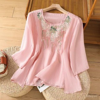 2025 Mùa hè mới Áo sơ mi thêu cổ tròn cotton lanh cho phụ nữ, dáng rộng thanh lịch