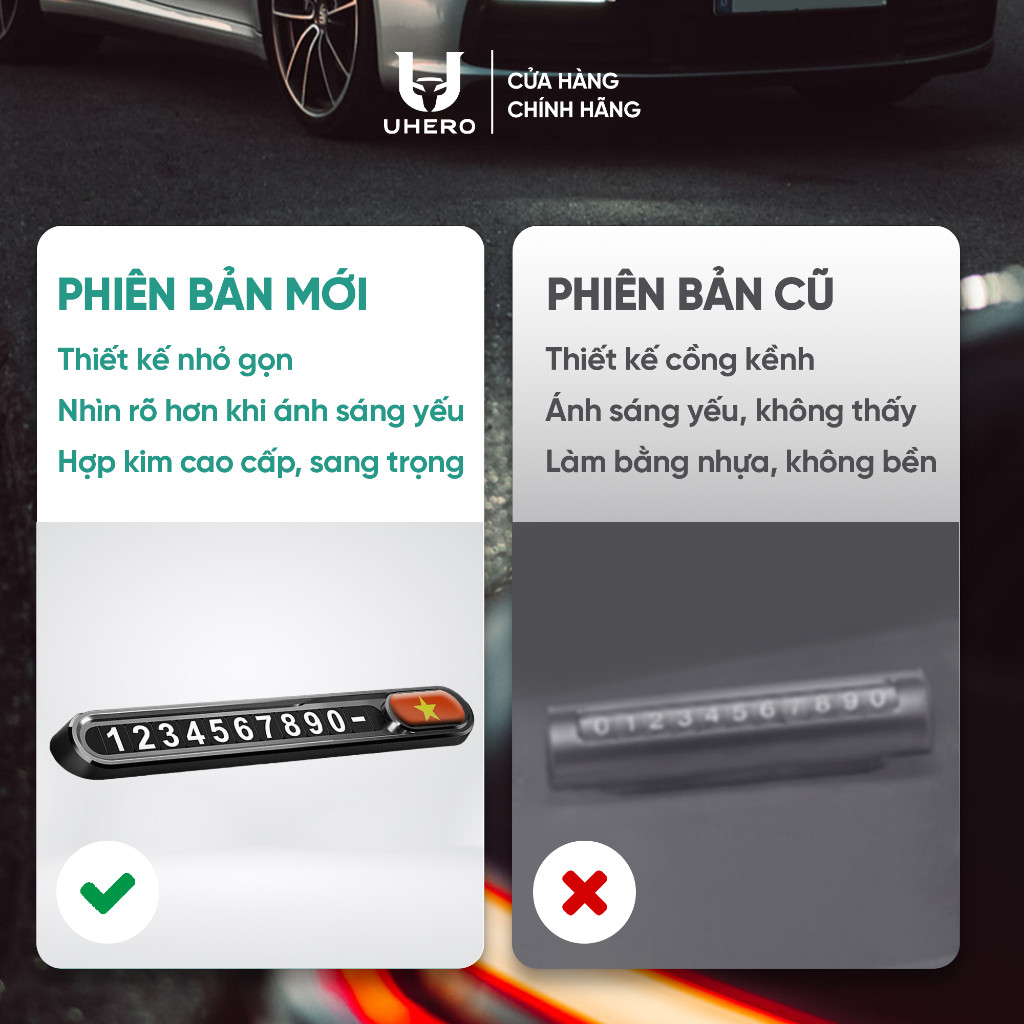 Bảng số điện thoại ô tô UHERO logo cờ tổ quốc gắn taplo tiện lợi, bộ số nam châm phản quang