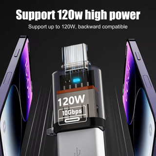 [3-5 ngày đến] -1 / 2 Bộ chuyển đổi USB 3.2 Sạc nhanh 120W Truyền 10Gbps, Bộ chuyển đổi Type-C sang USB-A Tương thích với điện thoại 15 / 16 / Android / PC, Thiết kế trong suốt