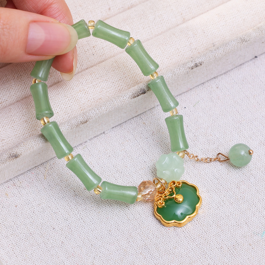 1 / 2 Chiếc Cổ Tay Retro Xanh Tre Khớp Đính Hạt Vòng Tay Trang Sức - Tốt May Mắn Vintage Mới Phong Cách Trung Quốc Đàn Hồi Tay Dây Chuyền Phụ Kiện