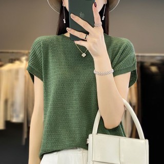 Cổ Tròn Tay Ngắn Nữ Mỏng Phong Cách Mùa Hè Phong Cách Mới Hình Kim Cương Rỗng Ôm Phù Hợp Với Đáy A