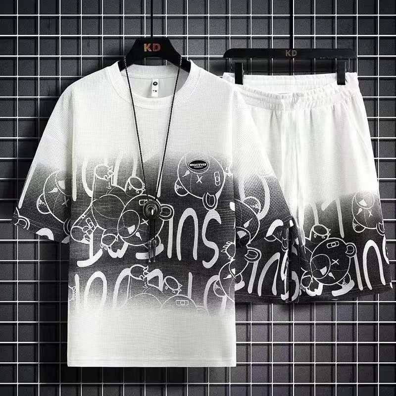 Bộ đồ bánh quế phong cách Hồng Kông Quần Short năm điểm ngắn tay nam mùa hè thanh niên hợp thời trang phong cách Harajuku phù hợp cho mọi trận đấu1 / 2 miếng