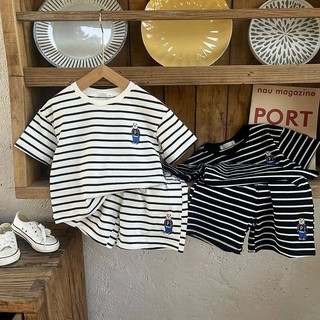 Bộ đồ cotton mùa hè cho trẻ em, áo thun ngắn tay thêu sọc và quần short hai mảnh cho bé trai và bé gái