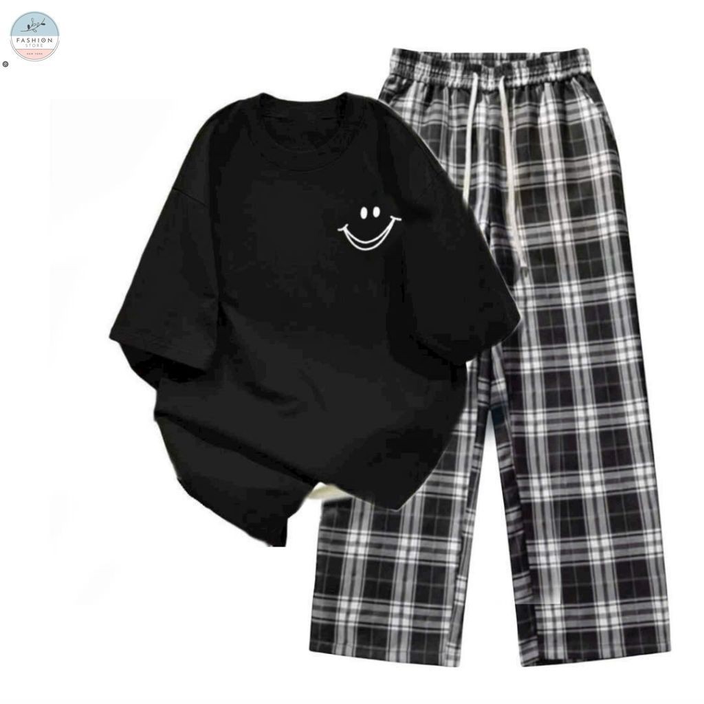 Sét Bộ Quần Kẻ Caro đen  + mix áo phông in mặt cười  nam nữ cotton-QUẦN ÁO 94