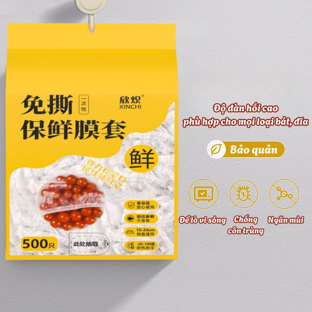 Bịch 500 Màng Bọc Thực Phẩm Co Giãn Bo Chun PE An Toàn Kèm Móc Treo Tường