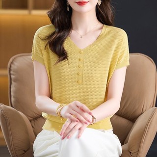Tay Ngắn Cổ Tròn Mùa Hè 2025 Phong Cách Phương Tây Bao Bụng Cổ Chữ V Áo Thun Rời Đan Top Nữ Mẹ Mặc
