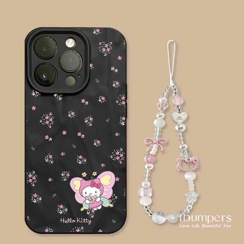 ibumpers Ốp Điện Thoại iPhone Họa Tiết Bướm Hello Kitty Dễ Thương + Dây Buộc Cho IPhone 16 15 14 12 13 11 Pro Max IP 7 8 Plus X XS XR Xếp Ly Ốp Lưng Silicon Mềm Chống Sốc