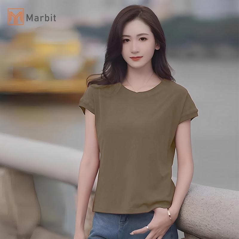 Áo thun Marbit Ice Silk nữ cổ tròn màu sắc nguyên chất, phong cách mới mùa hè