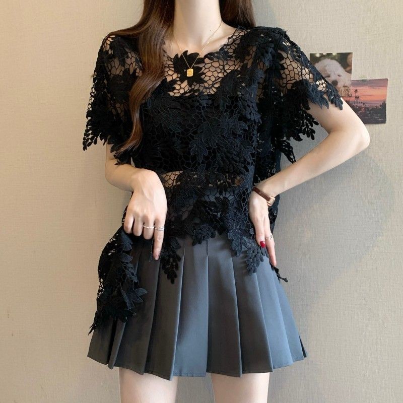 ✨Mùa Hè 2025 Rỗng Áo Sơ Mi Ren Tay Ngắn Plus Kích Thước Béo mm Không Đều Rời Bao Bụng Áo Top 25.5.22