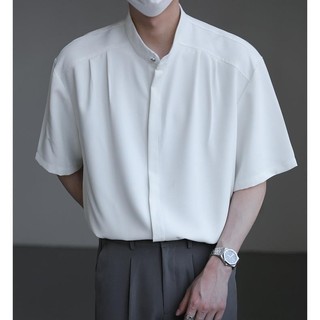 Áo sơ mi nam GKSSS tay ngắn thời trang mỏng phong cách Trung Quốc cổ đứng phong cách thanh lịch thiết kế xếp nếp