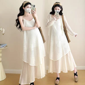 Bộ đồ bà bầu Mùa hè Phong cách Hàn Quốc Váy dài dáng ôm hơn + Bộ đồ hai mảnh bên ngoài