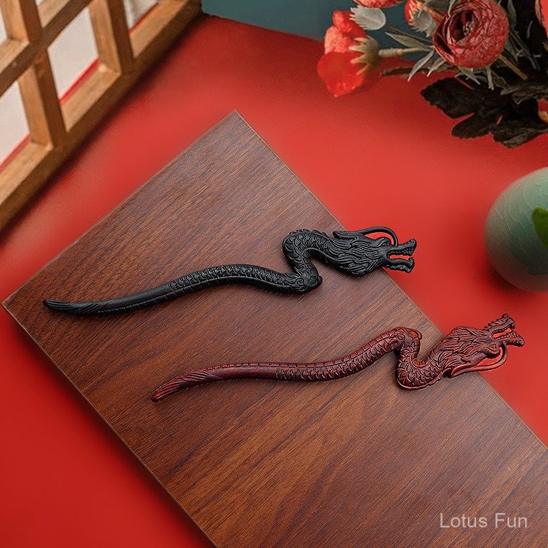 Kẹp tóc gỗ đỏ sandalwood khắc gỗ độc đáo hình lá nhỏ rồng và phượng, phụ kiện tóc đơn giản cổ điển hàng ngày