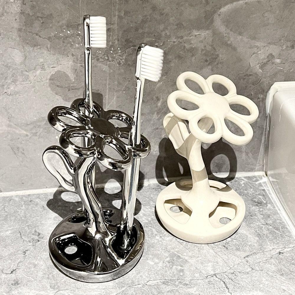 PWSSEND Giá đỡ bàn chải đánh răng, Giá đựng bàn chải đánh răng hình hoa bằng gốm, Sáng tạo chống ẩm 6 khe cắm Dễ dàng làm sạch Giá đựng đồ trong phòng tắm Đồ dùng phòng tắm