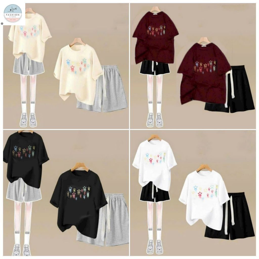 Sét Bộ quần đùi trơn + mix áo phông form rộng tay lỡ - hình ngôi sao-QUẦN ÁO 94