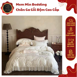Bộ Chăn Ga Gối Chất Liệu Lụa 100s Cao Cấp Thêu Hoa Kết Hợp Viền Bèo Tinh Xảo Tiểu Thư - Memminbedding Luxury