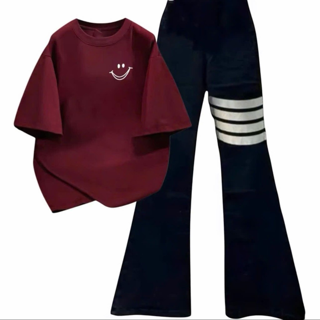 [ Rẻ Vô Địch ] Sét quần ống loe chất umi + mix áo phông form rộng unisex trái tim be