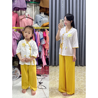 Set đồ lụa mẹ và bé gái ( mẹ bé bán riêng) cổ tim bông đào, đồ bộ bé gái