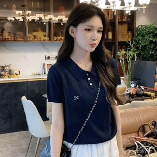 Áo thun ngắn tay thêu kiểu polo bằng lụa lạnh mùa hè cho phụ nữ