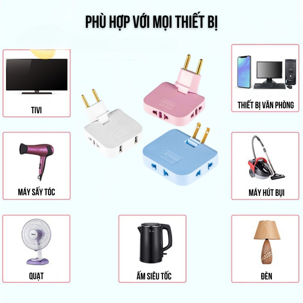 Ổ cắm chia điện 2500W nhỏ gọn tiện lợi xoay 180 độ chia 3 chân tròn dẹt với màu đen trắng xanh hồng pm