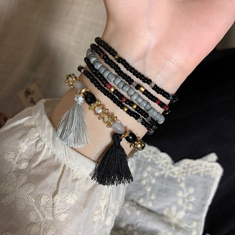 Vòng tay bohemian hạt kê đính cườm, phong cách retro nhẹ nhàng, phù hợp mùa hè