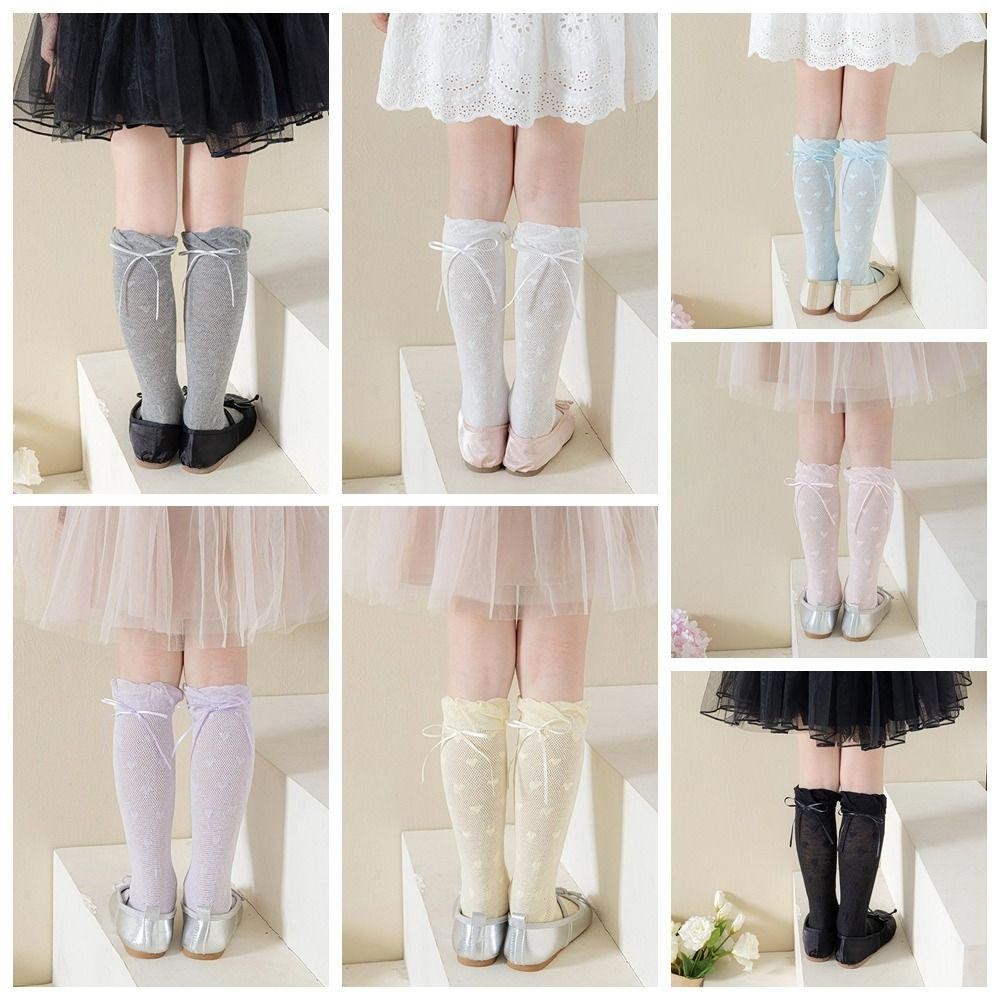 LACYES Trẻ Em Giữa Ống Hàng Dệt Kim, Công Chúa Ngọt Ngào Gothic Ren, Thoáng Khí Mỏng Nơ Cotton Balletcore Tất Trẻ Em