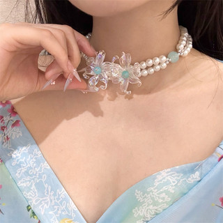 Vòng cổ hoa ngọc trai hai lớp màu xanh nhạt, vòng cổ thích hợp kiểu Pháp dành cho nữ