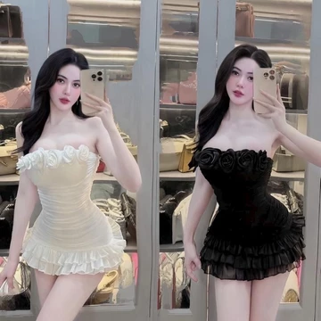 Đầm body quây lưới body đính hoa tua rua nhún dáng ngắn, Váy ôm body quây đính hoa xoè tầng sexy sang chảnh đi chơi đi