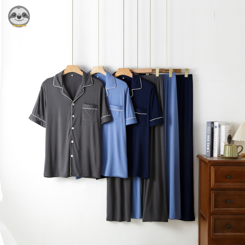 Phong cách Nhật Bản Muji Style / Bộ đồ ngủ ngắn tay bằng sợi tre màu trơn đơn giản dành cho nam / Thường ngày có thể mặc bên ngoài phòng chờ