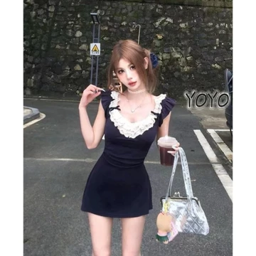 Váy bodycon mùa hè gợi cảmcổ bèo nhún, ren, nơ, không tay,váy chữ A thời trang nữ,váy búp bê dự tiệc