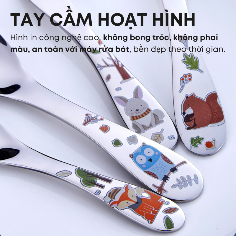 Bộ Dao Thìa Nĩa Inox 304 Cao Cấp Cho Bé Từ 2 Tuổi - Tay Cầm Hoạt Hình Màu Sắc Tươi Sáng Không Bong, Bền Đẹp | 303