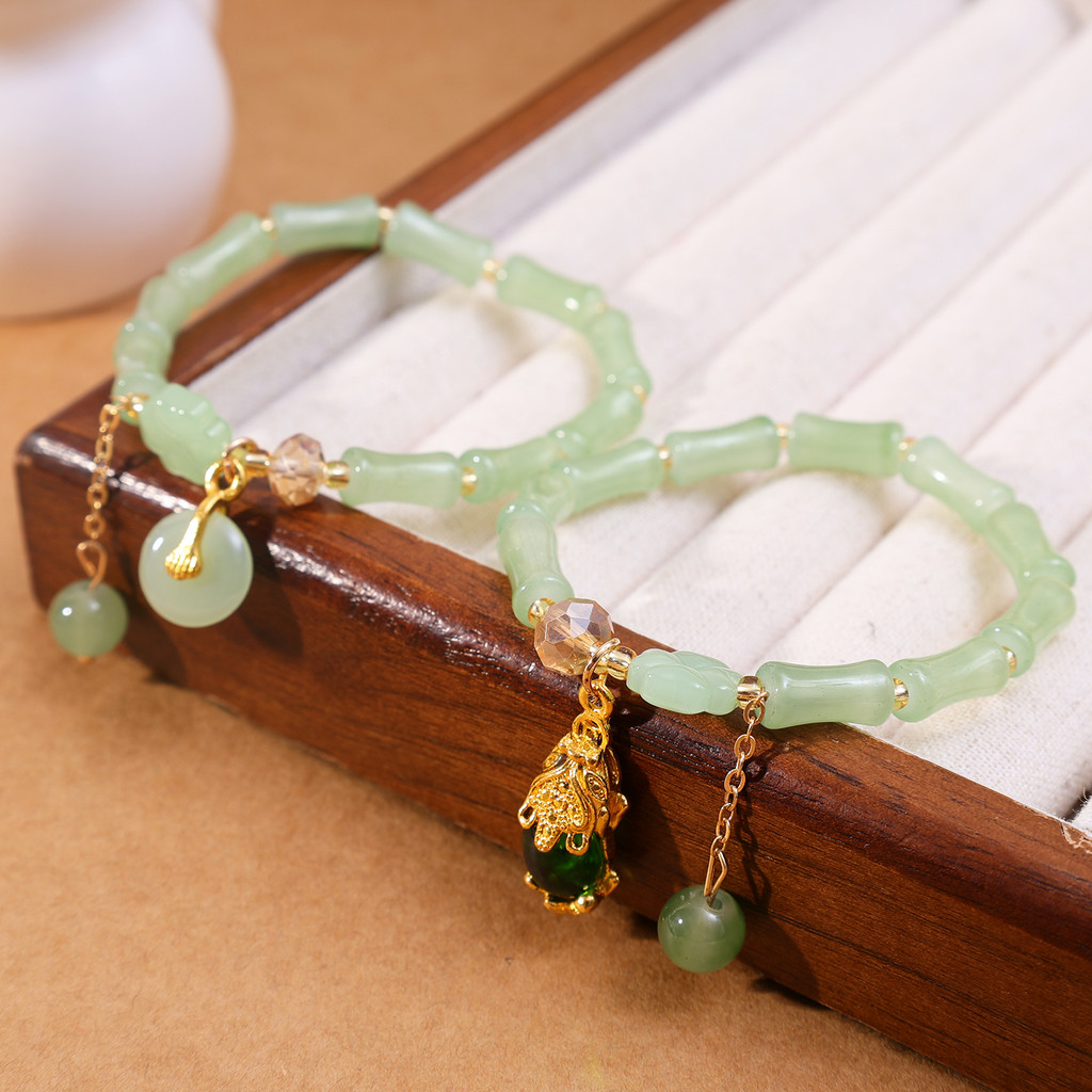 1 / 2 Chiếc Cổ Tay Retro Xanh Tre Khớp Đính Hạt Vòng Tay Trang Sức - Tốt May Mắn Vintage Mới Phong Cách Trung Quốc Đàn Hồi Tay Dây Chuyền Phụ Kiện