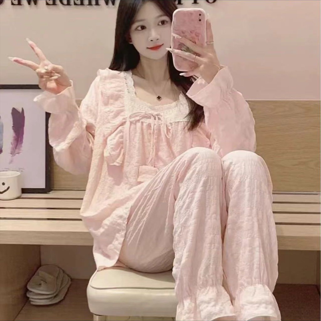 Bộ Đồ Ngủ Cotton Mây Nữ Xuân Thu Mới Quần Dài Tay Phù Hợp Với Sữa Công Chúa Phong Cách Quần Áo Nhà Bé Gái Mặc Ngoài
